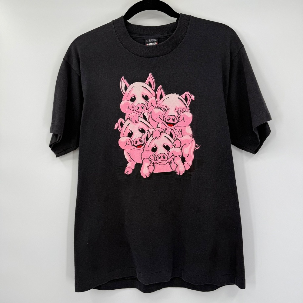 Screen Stars Mens Large Hog Pile Shirt Vintage 1990s Black Graphic Short Sleeve